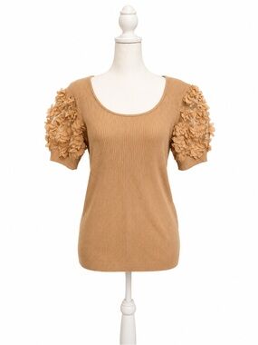Floral Puff Sleeve Ribbed Top - Camel